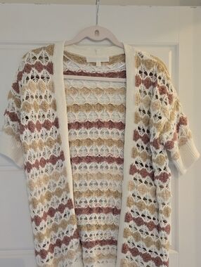 Adyson Parker Open-Knit Short Sleeve Cardigan - Cream, Tan & Pink